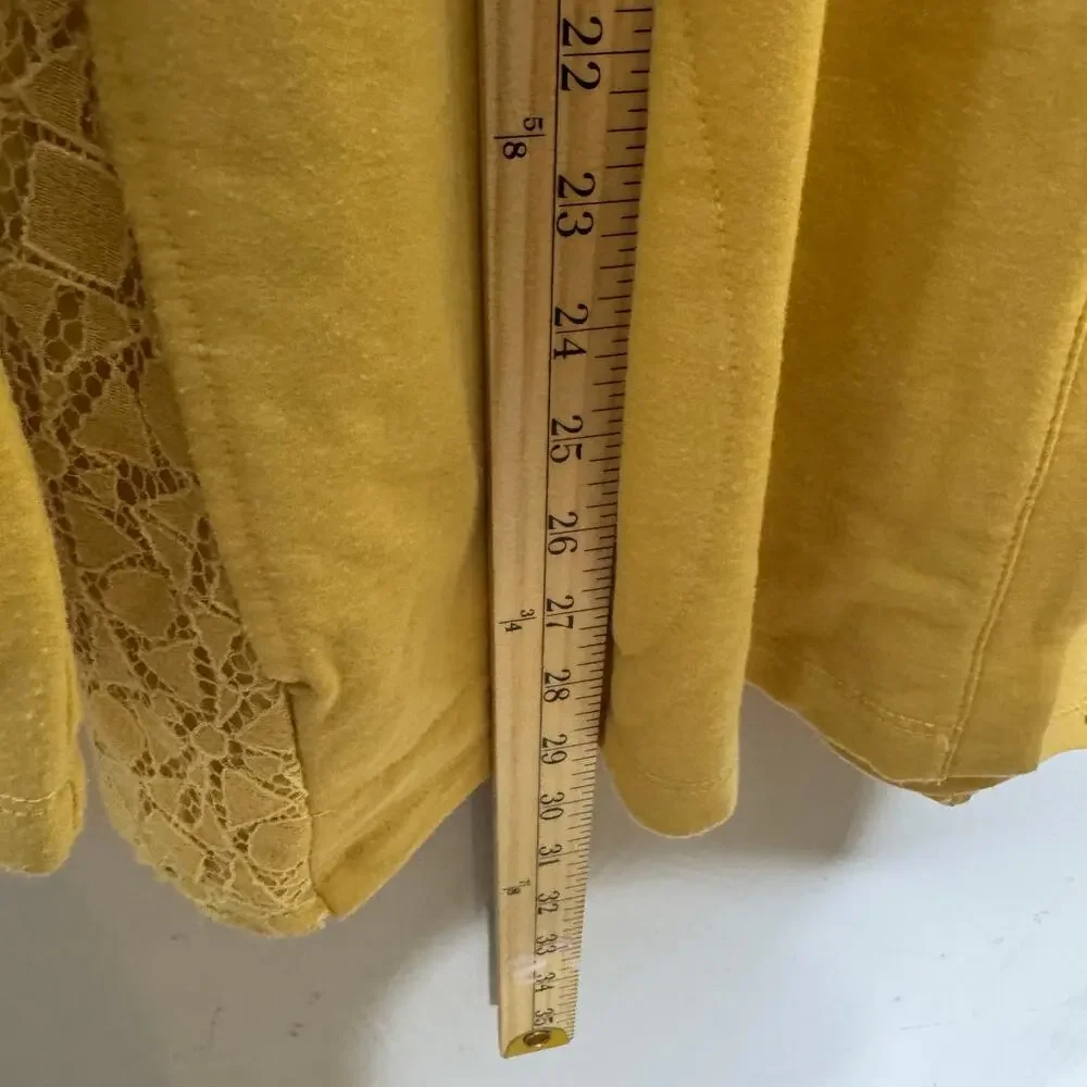 LOGO by Lori Goldstein Lounge Yellow Zip Front Cardigan Women’s Size L Lace Trim